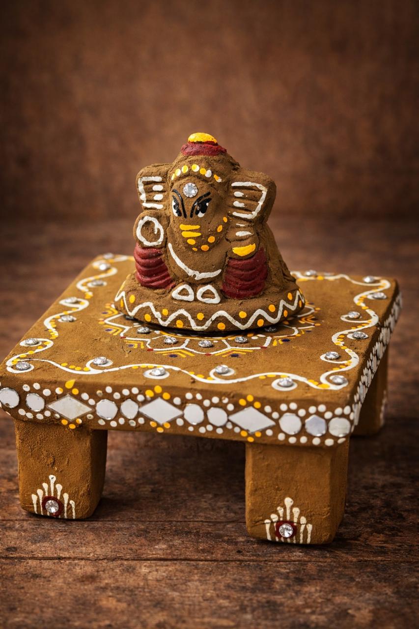 Amritksheer Handcrafted Cow Dung Lord Ganesha with Decorative Bajot